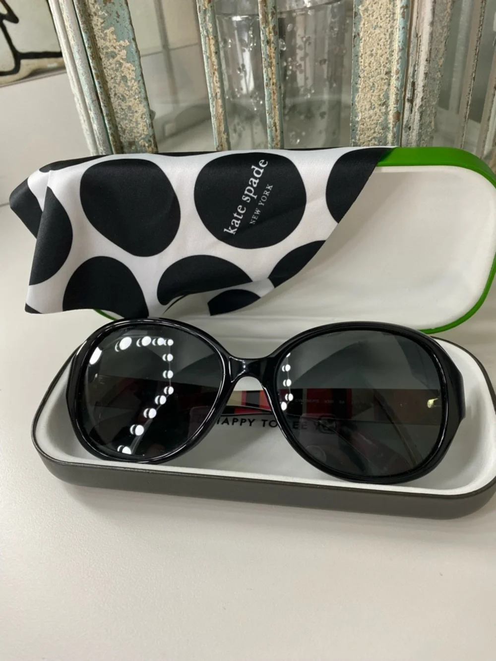 kate spade Black Oval Sunglasses with Multicolor Striped Temples EUC